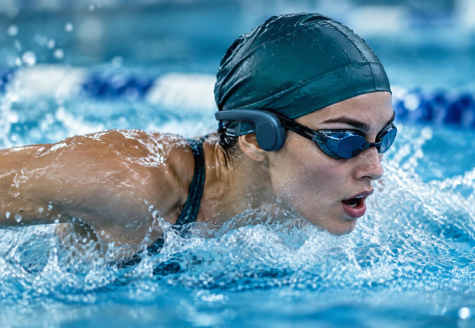 Swimmer wearing The Aquaband under a swim cap and goggles