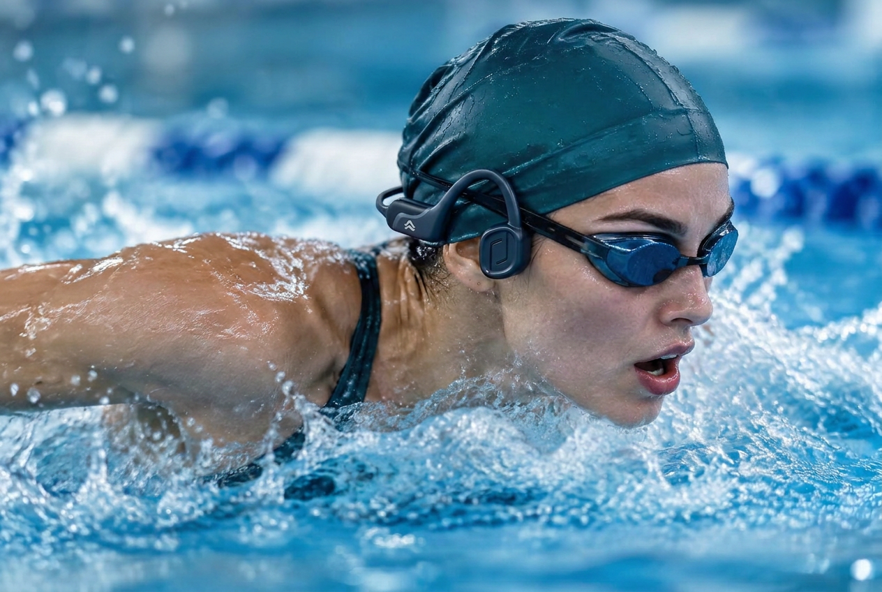 Swimmer wearing The Aquaband under a swim cap and goggles